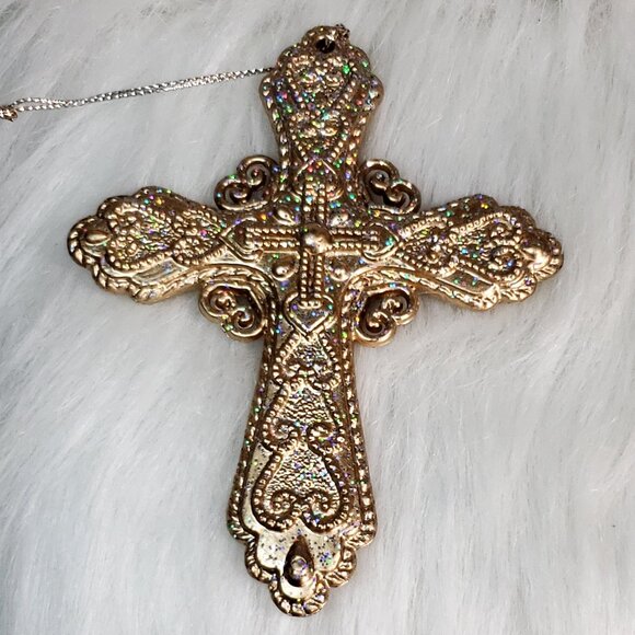 Golden Cross Ornament with Holo Iridescent Sparkles - Picture 6 of 8